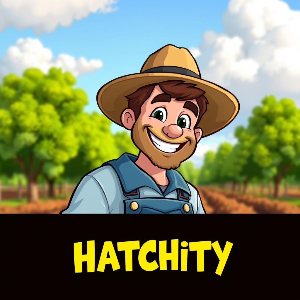 A cheerful cartoon farmer with a bright smile, sporting a straw hat and denim overalls, placed in a lively farm setting with lush green trees and fluffy white clouds in the sky