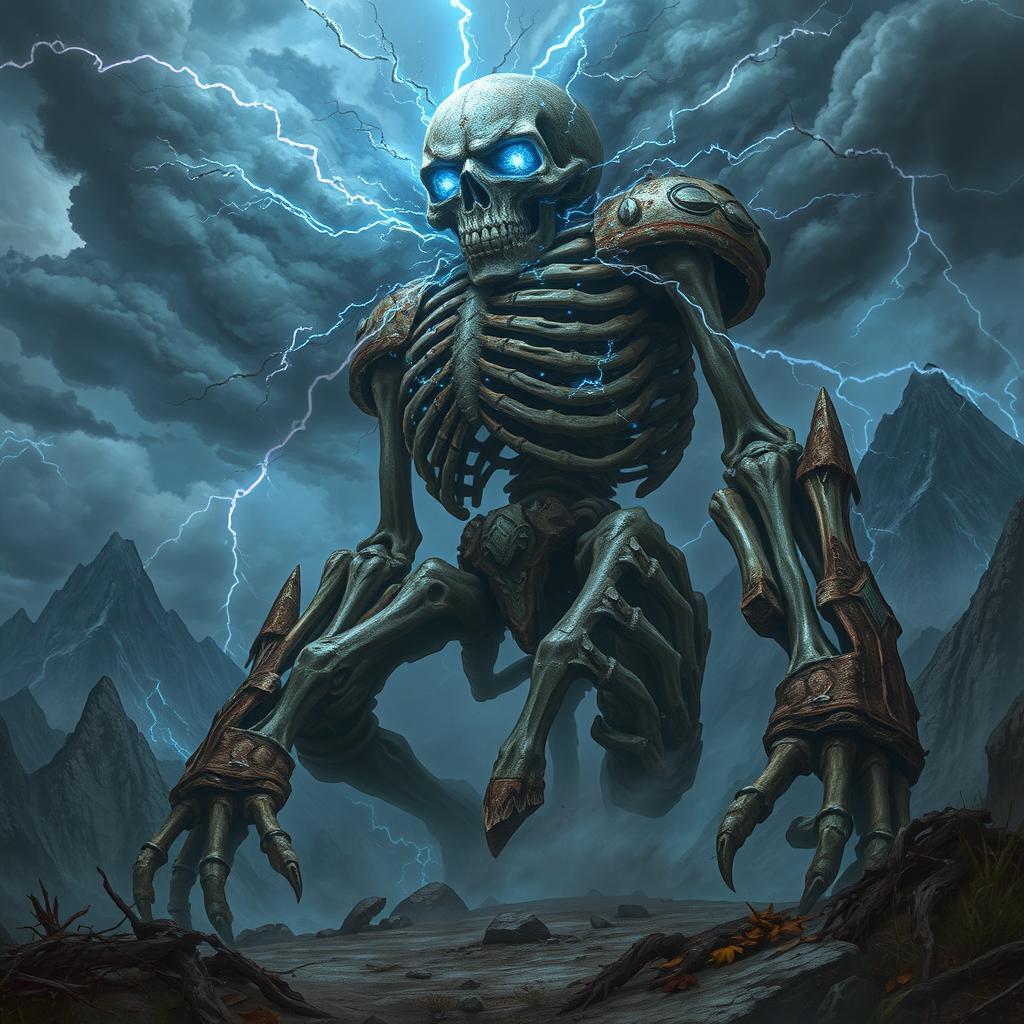 A massive Undead Storm Giant towering over a desolate landscape, covered in tattered blue and grey storm clouds