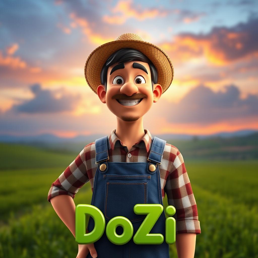 A realistic 3D male farmer character with a warm smile, wearing a straw hat and denim overalls