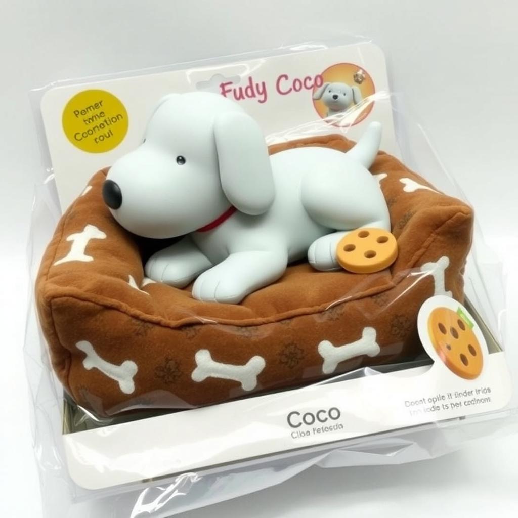 A 3D dog toy named Coco, featuring a light gray color, comfortably resting on a brown dog bed decorated with white bones
