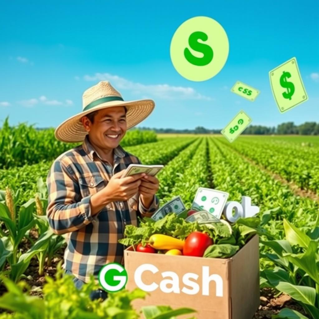 A dynamic scene showcasing the concept of earning cash through agriculture with a vibrant GCash money effect
