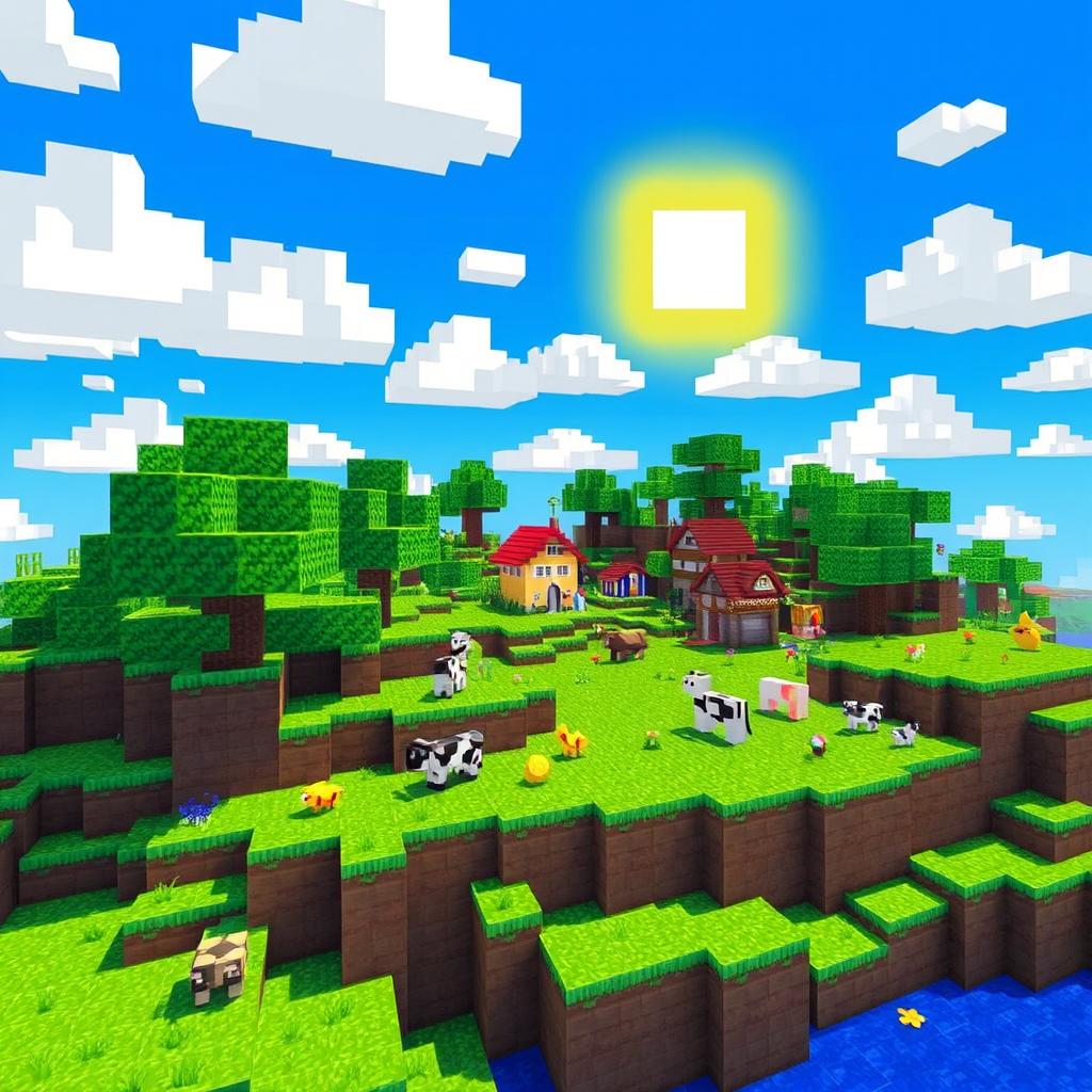 A vibrant, blocky landscape inspired by Minecraft, showcasing a sprawling terrain made of various pixelated blocks that represent grass, dirt, and stone