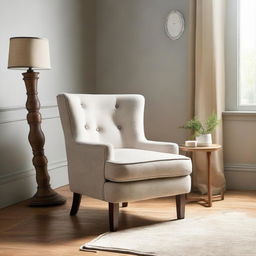 A comfortable arm chair settled perfectly in the middle of a well-lit, stylish room.