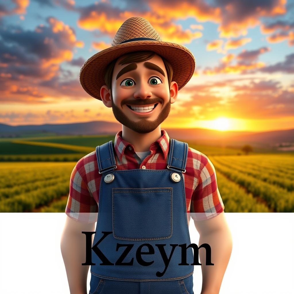 A realistic 3D male character with an inviting smile, wearing a straw hat and denim overalls, set against a cinematic farm landscape