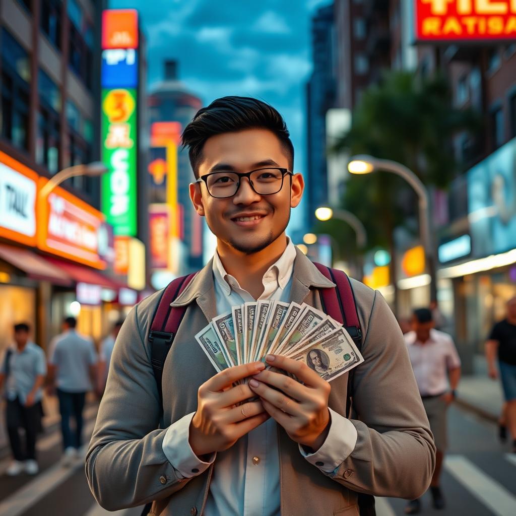A charismatic man named @mangcarding, confidently holding a stack of cash in both hands