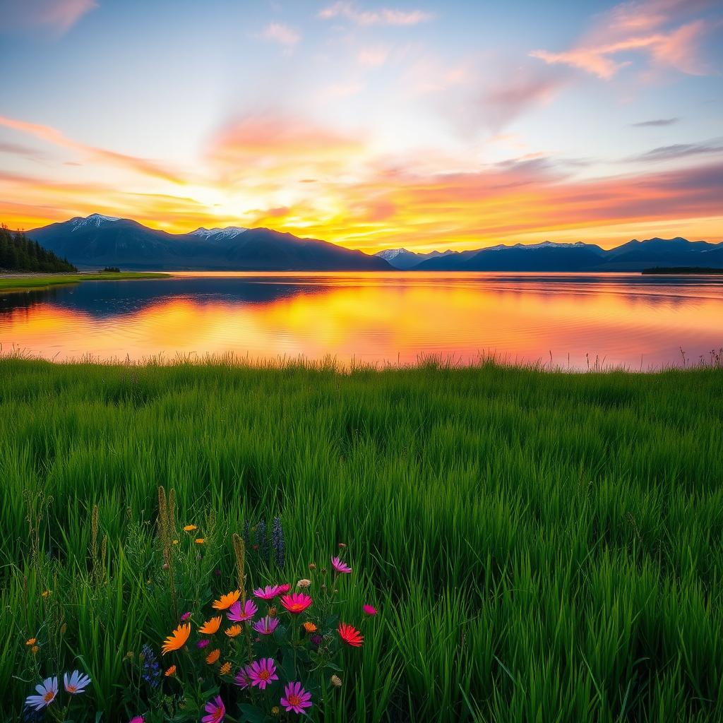 A realistic photograph capturing a serene landscape at sunset, featuring a calm lake reflecting the orange and pink hues of the sky