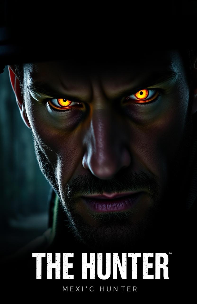 A dramatic scene titled "THE HUNTER", featuring a close-up of a pair of glowing yellow eyes piercing through the dark