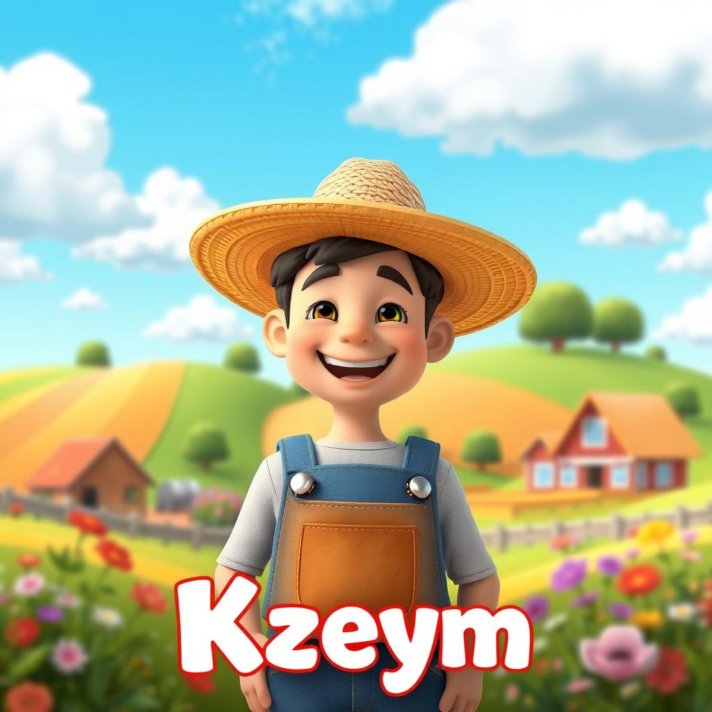 A realistic 3D male character with a joyful expression, wearing a straw hat and denim overalls, designed in a charming cartoon style
