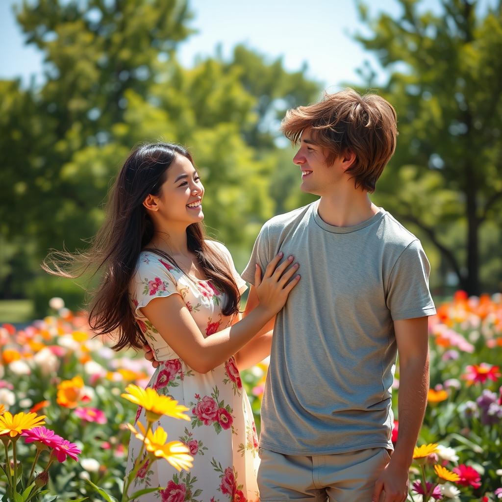 A charming scene depicting a couple enjoying a sunny day at a vibrant park, with colorful flowers surrounding them