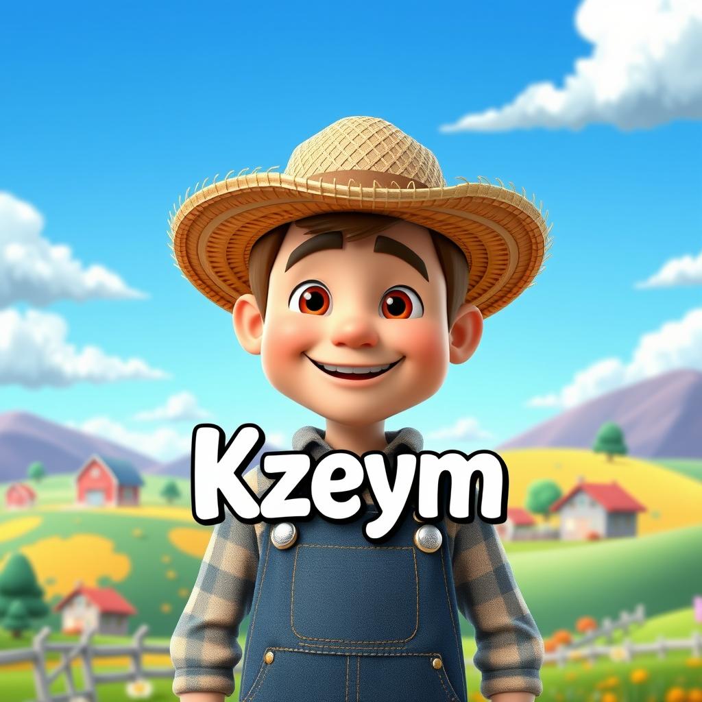 A realistic 3D male character with a cheerful expression, wearing a straw hat and denim overalls, designed in a charming style that blends realism with cartoon elements