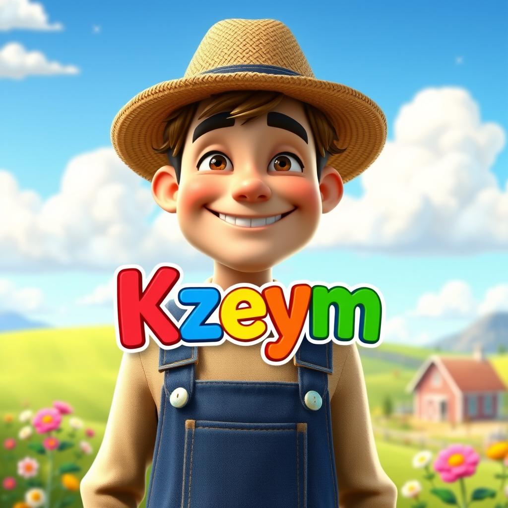 A realistic 3D male character with a friendly expression, sporting a straw hat and denim overalls, captured in a delightful blend of realism and cartoon aesthetics