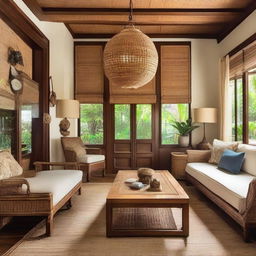 An antique-themed, comfortable living room featuring teakwood decoration and a hanging rattan light fixture.