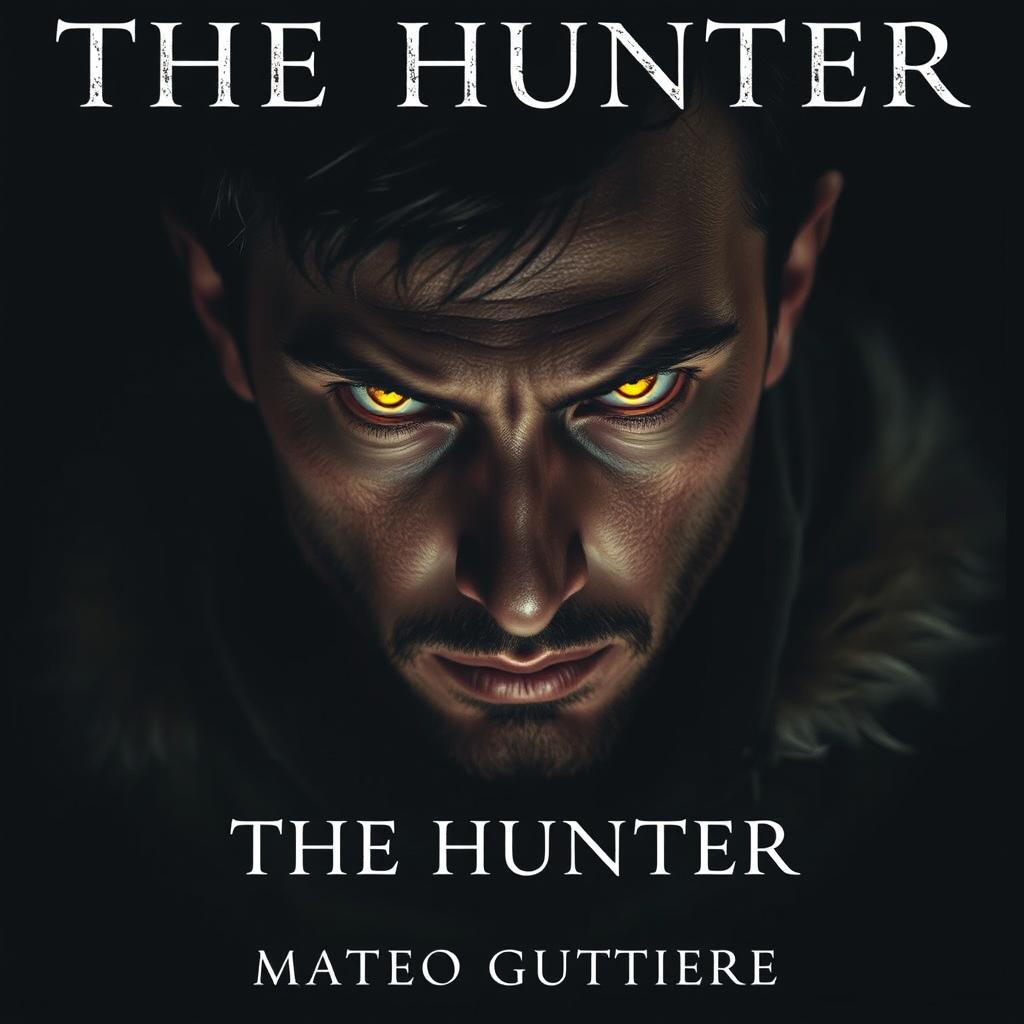 A captivating scene titled "THE HUNTER" featuring a pair of glowing yellow eyes in the darkness, revealing the intense gaze of a 23-year-old man
