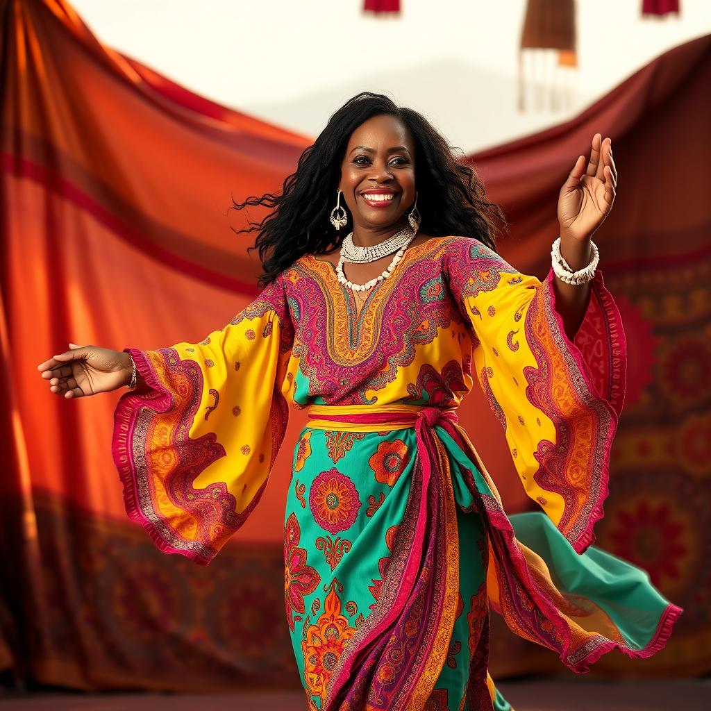 A mature black woman dancing gracefully in a vibrant harem-style outfit, adorned with intricate patterns and bright colors