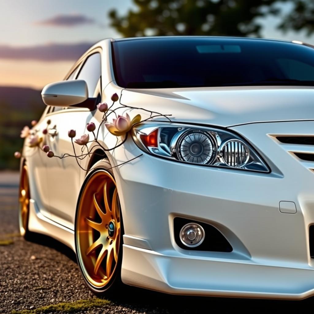 A modified 2010 white Toyota Corona featuring stunning Roast Gold rims