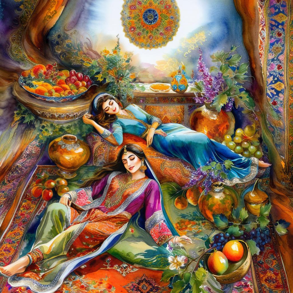 A mystical and spiritual watercolor painting of a beautiful Iranian woman reclining on a royal back inside a beautiful Iranian home with shiny and colorful silk carpets, fruit and grape dishes, traditional vases, and colorful flowers.