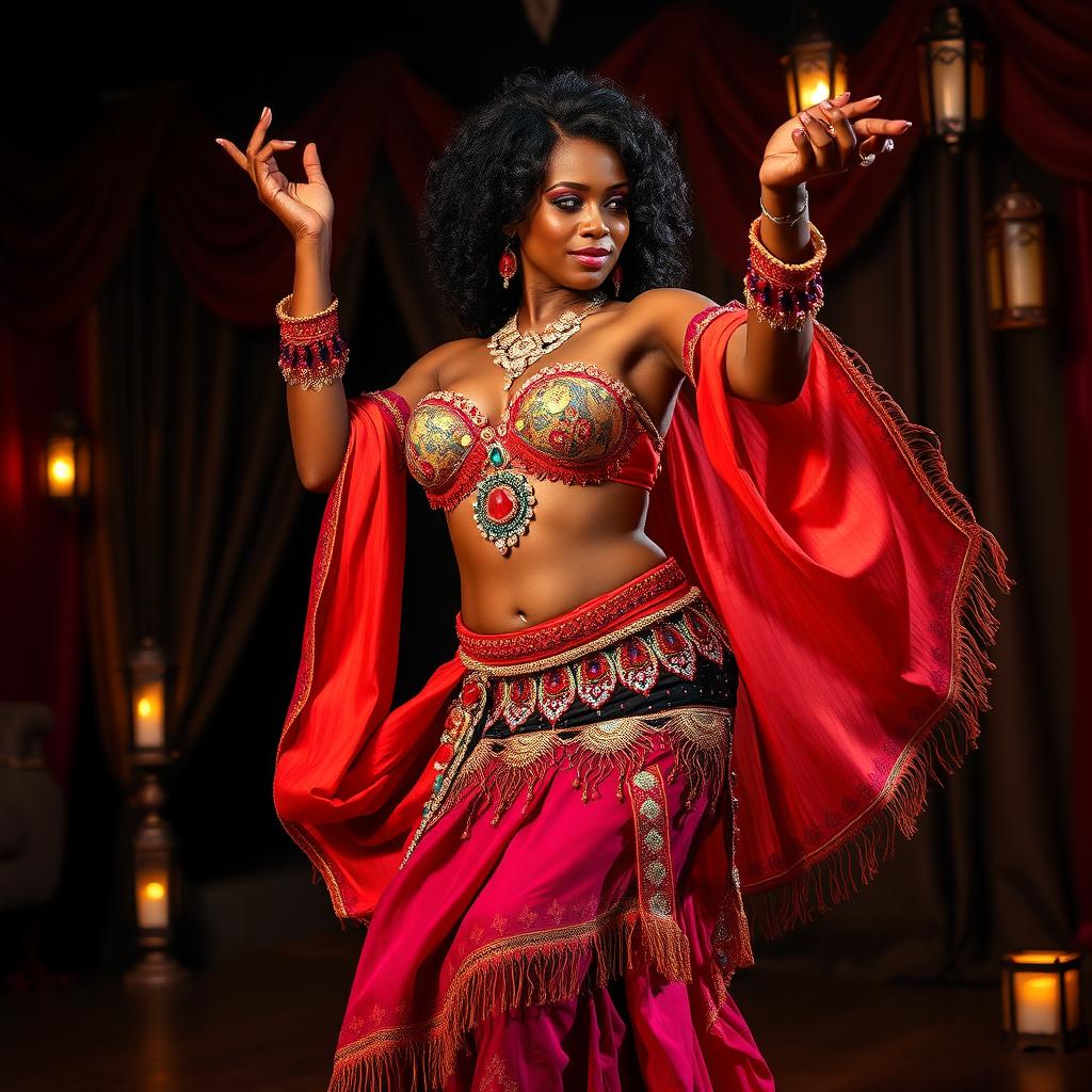 A beautiful mature black woman performing a captivating harem belly dance