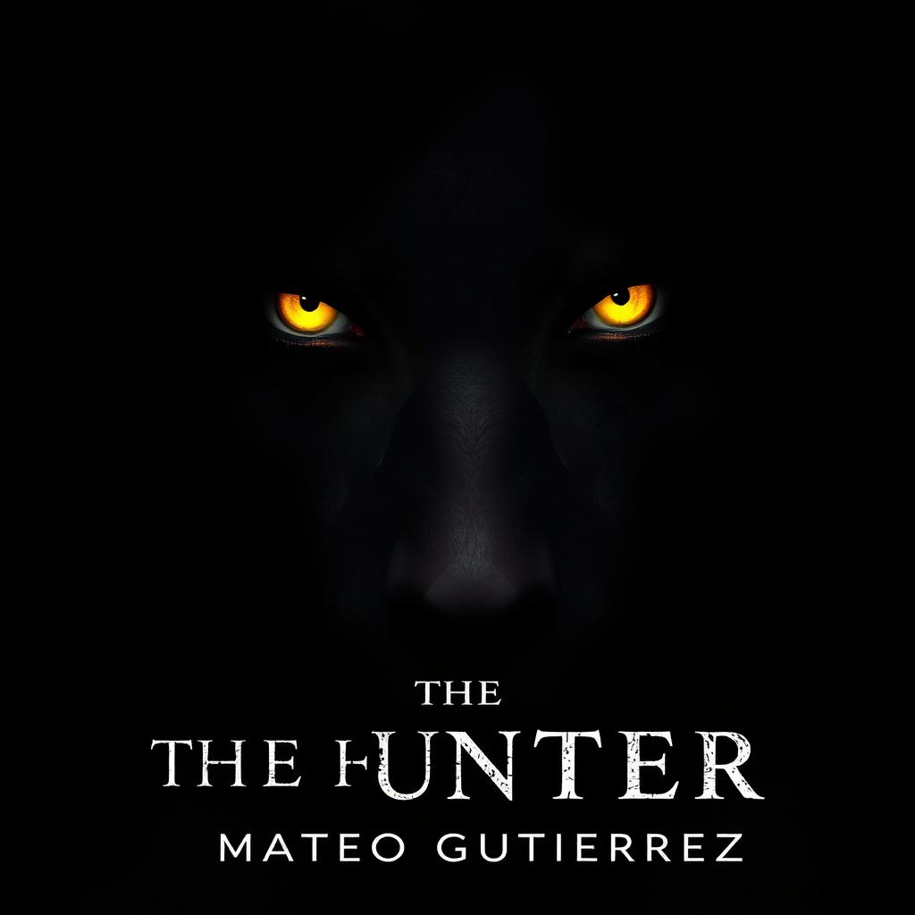 A striking image titled "THE HUNTER" featuring a pair of glowing yellow eyes staring directly at the viewer from the darkness