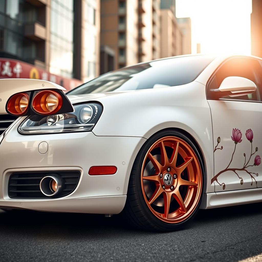 A modified 2010 white Volkswagen Jetta (known as Corona in some regions), featuring rose gold rims that gleam under the sunlight