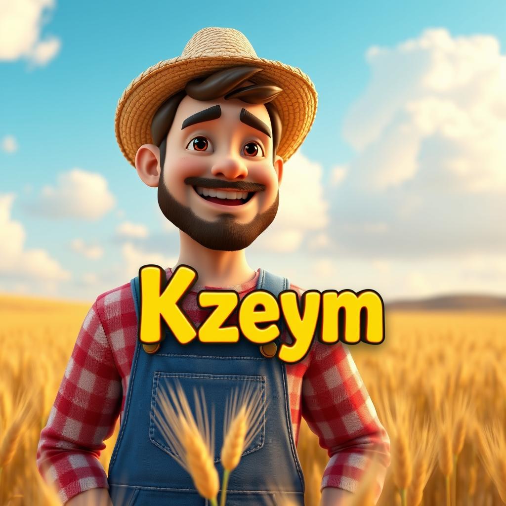 A realistic 3D male character with a cheerful expression, wearing a straw hat and denim overalls, styled in a delightful blend of realism and cartoon aesthetics