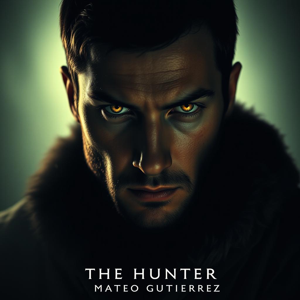 A captivating image titled "THE HUNTER" featuring a pair of glowing yellow eyes staring directly at the viewer, set against a slightly brighter backdrop to reveal the face of a 23-year-old man vanishing into the shadows