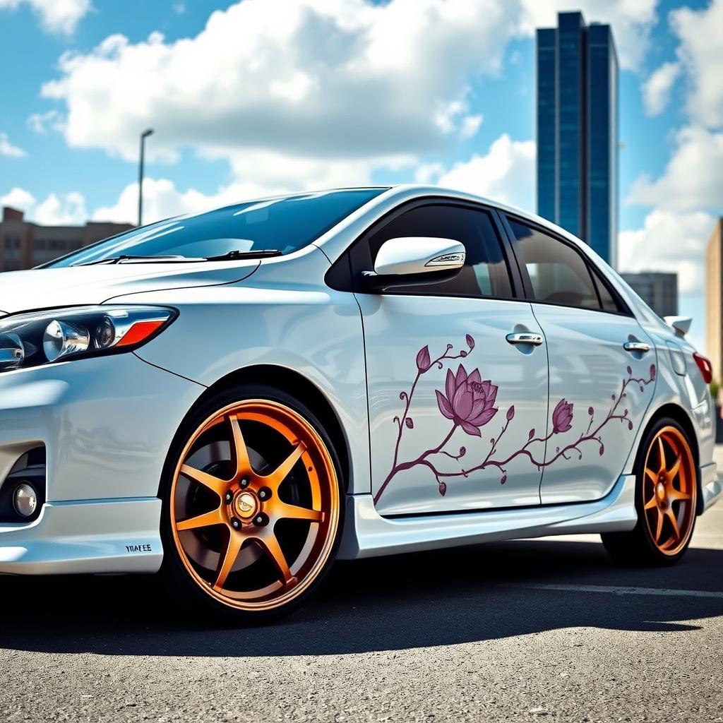 A modified 2010 Toyota Corolla in a striking white color