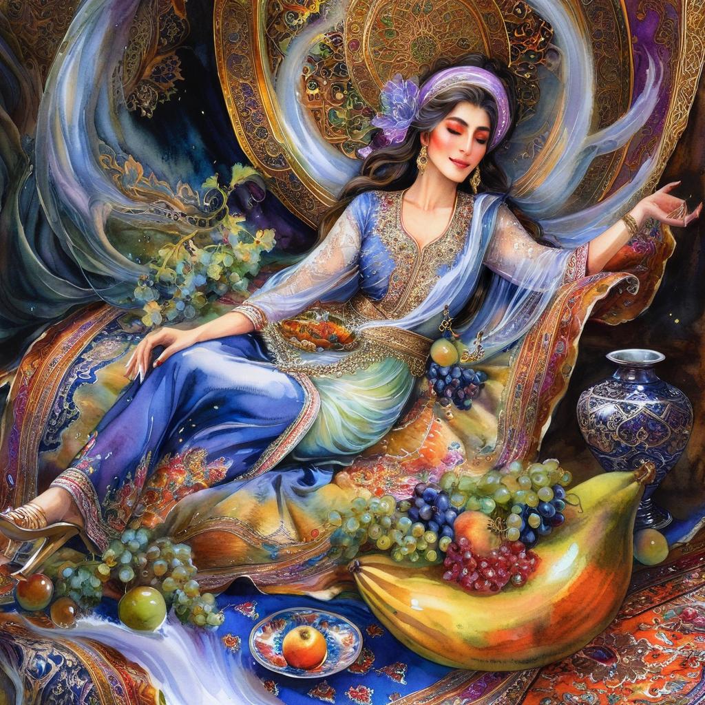 A mystical and spiritual watercolor painting of a beautiful Iranian woman reclining on a royal back inside a beautiful Iranian home with shiny and colorful silk carpets, fruit and grape dishes, traditional vases, and colorful flowers.