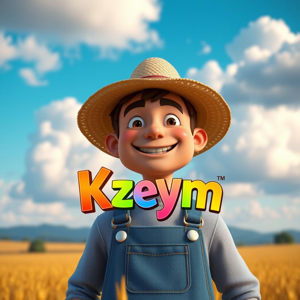 A realistic 3D male character with a friendly expression, wearing a straw hat and denim overalls, crafted in a delightful blend of realism and cartoon style