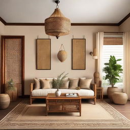 An antique-themed, comfortable living room featuring teakwood decoration and a hanging rattan light fixture.