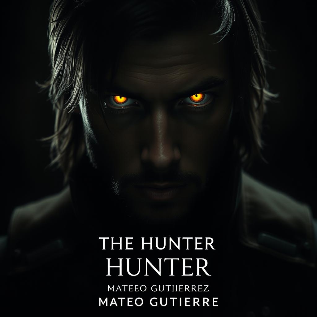 A striking image titled "THE HUNTER" showcasing a pair of glowing yellow eyes shining in the dark, belonging to a 23-year-old man who hunts down Nazis