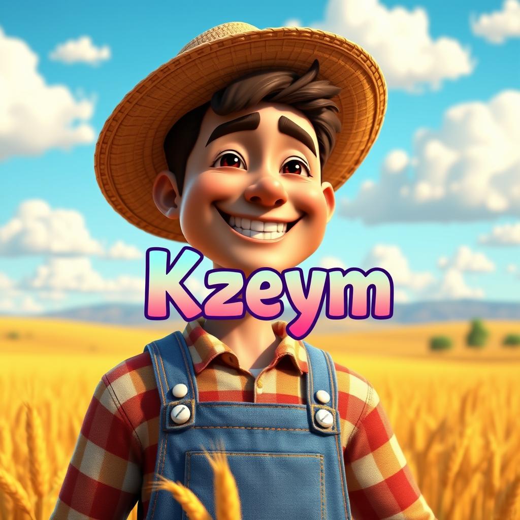A realistic 3D male character with a warm smile, dressed in a straw hat and denim overalls, crafted in a captivating blend of realism and cartoon style