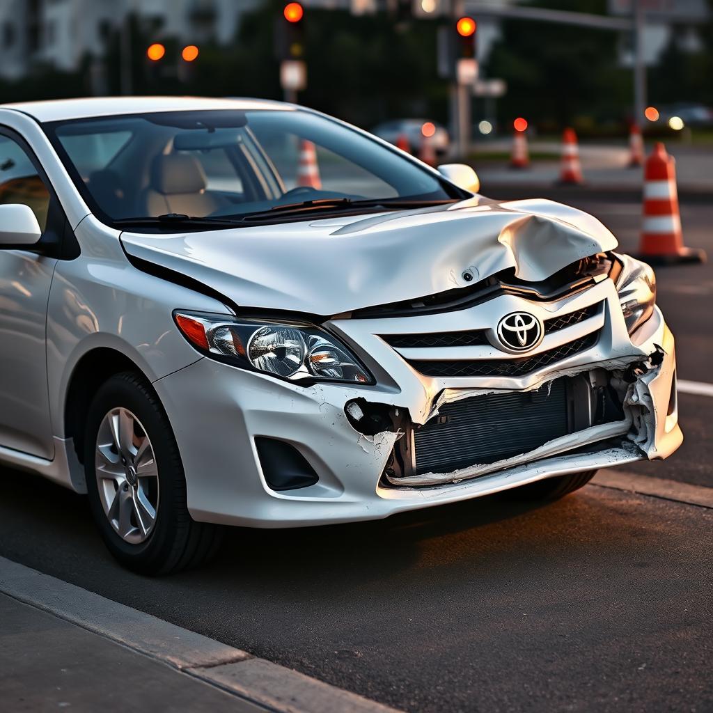 A white 2010 Toyota Corolla with a frontal collision impact, showcasing the crumpled front end, damaged hood, and broken headlights