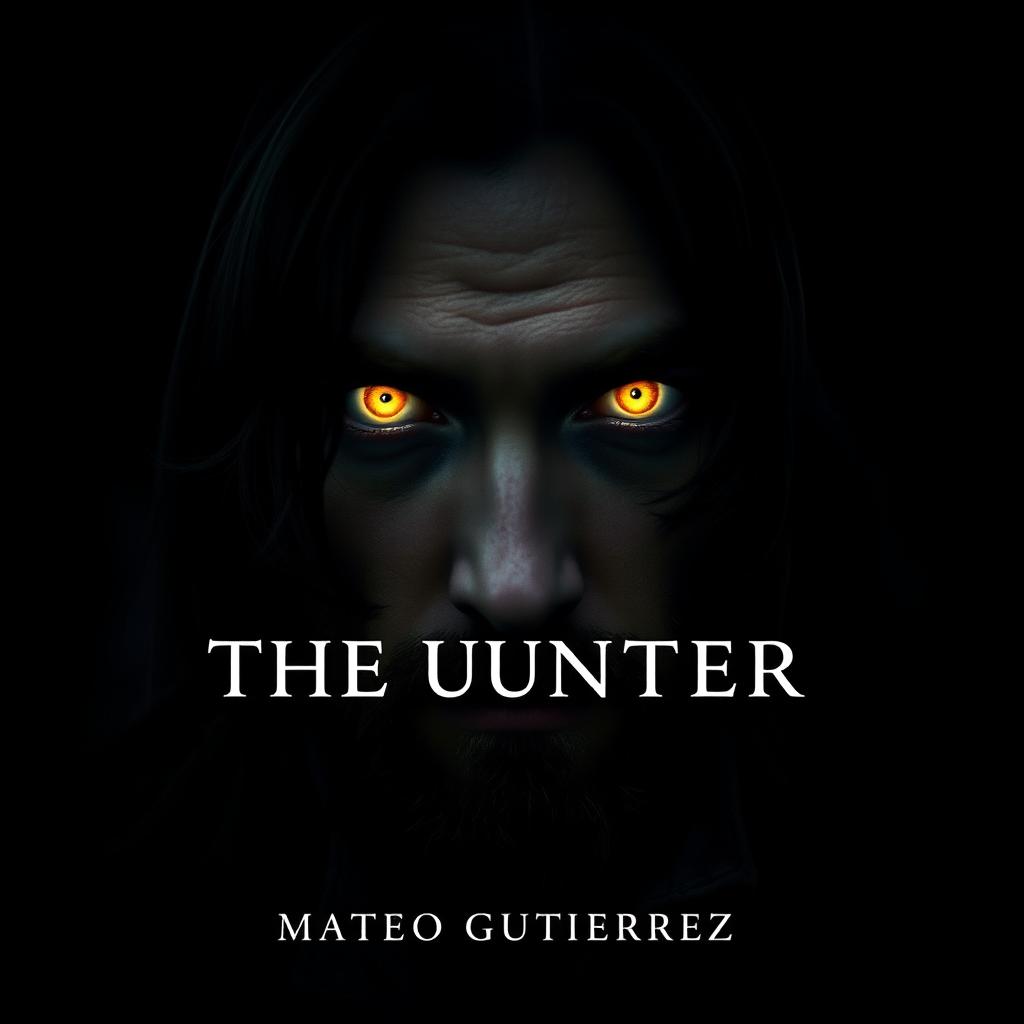 A striking image titled "THE HUNTER" featuring a pair of glowing yellow eyes staring directly at the viewer from darkness