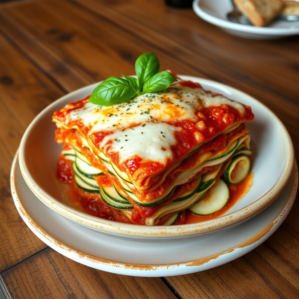 A delicious lasagna featuring very thin slices of white zucchini