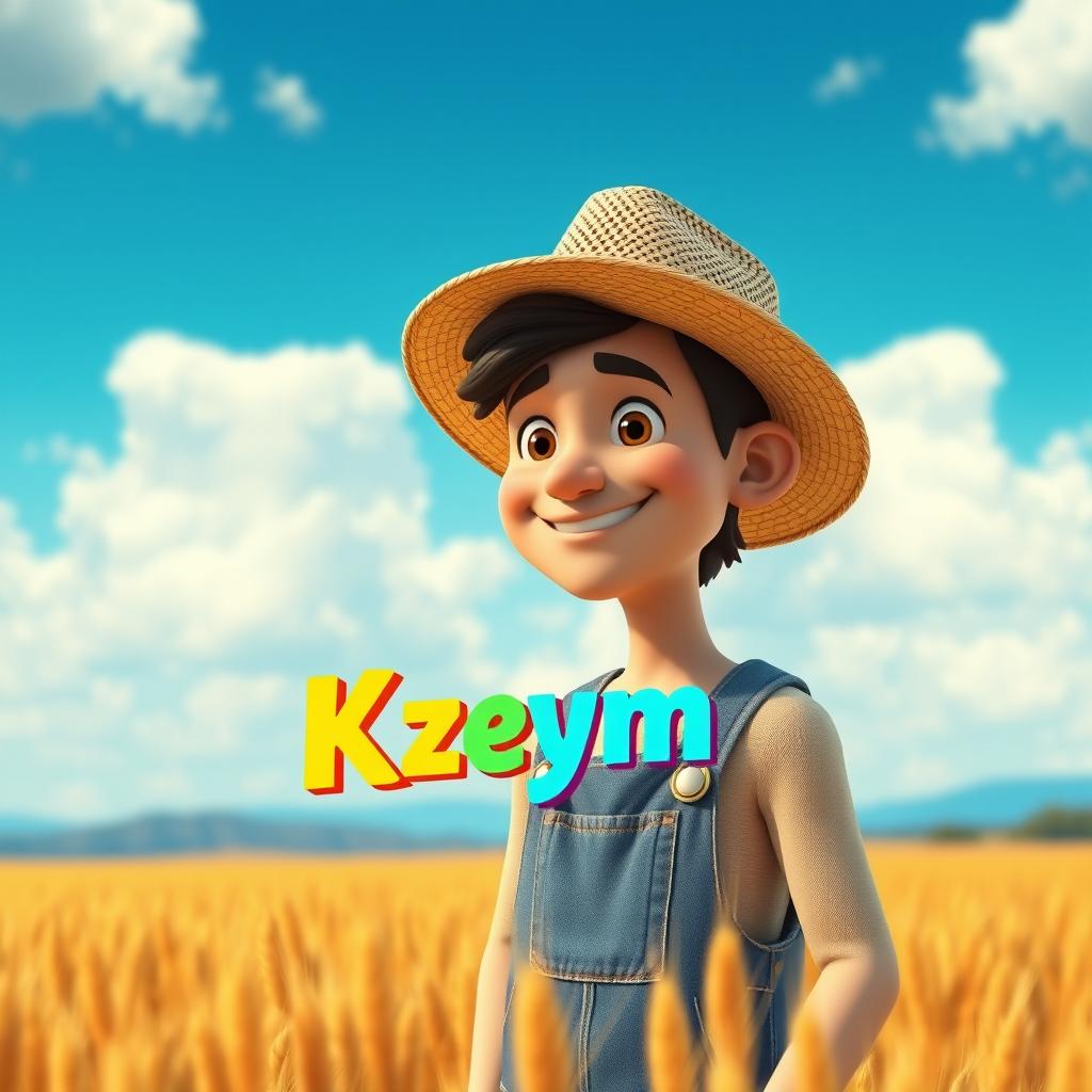 A realistic 3D male character with an approachable smile, wearing a straw hat and denim overalls, designed in a captivating blend of realism and cartoon style