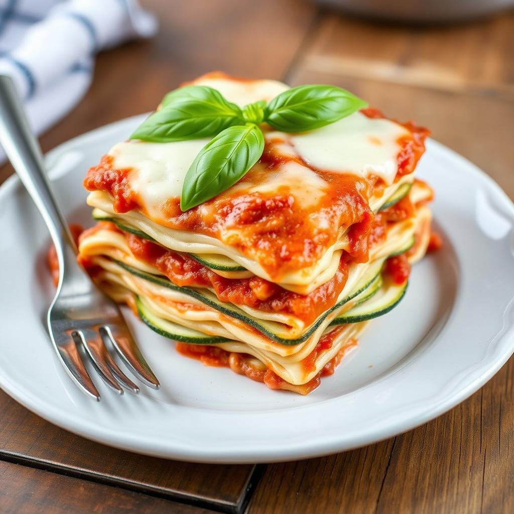 A delicious lasagna made with thin, white zucchini slices instead of traditional pasta