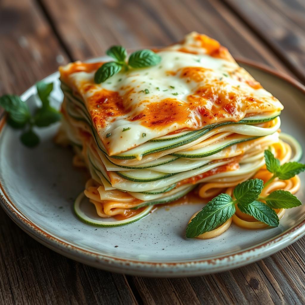 A realistic lasagna dish featuring very thin white zucchini slices layered beautifully