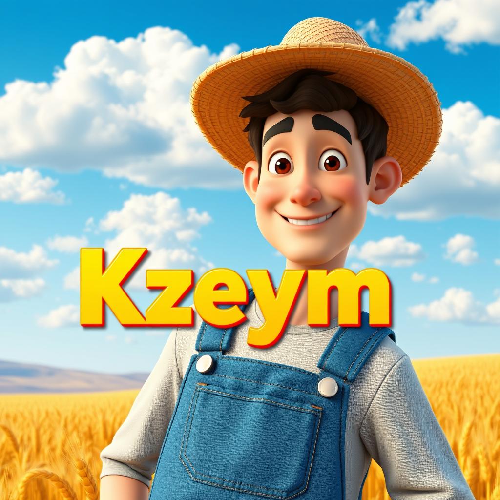 A realistic 3D male character with a friendly smile, wearing a straw hat and denim overalls, designed in a captivating blend of realism and cartoon style
