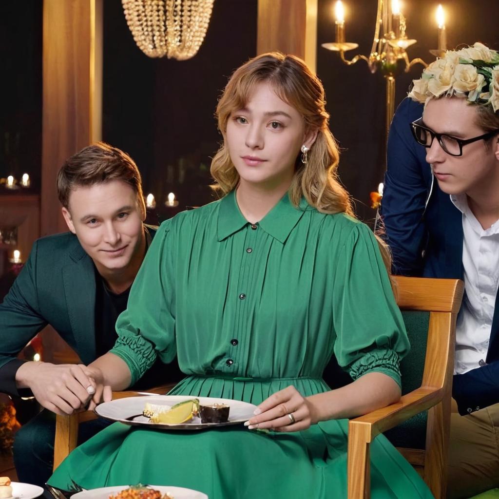 Hi i want to replace girl in green dress in center of first photo with boy from photo 2