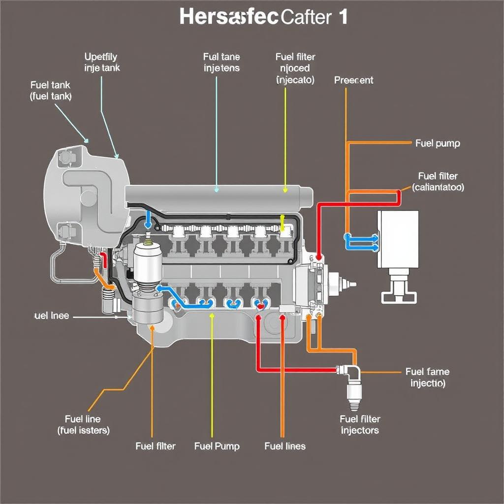 A detailed diagram of the fuel system for a 2010 Toyota Corolla, showcasing the main components such as the fuel tank, fuel pump, fuel filter, fuel injectors, and fuel lines