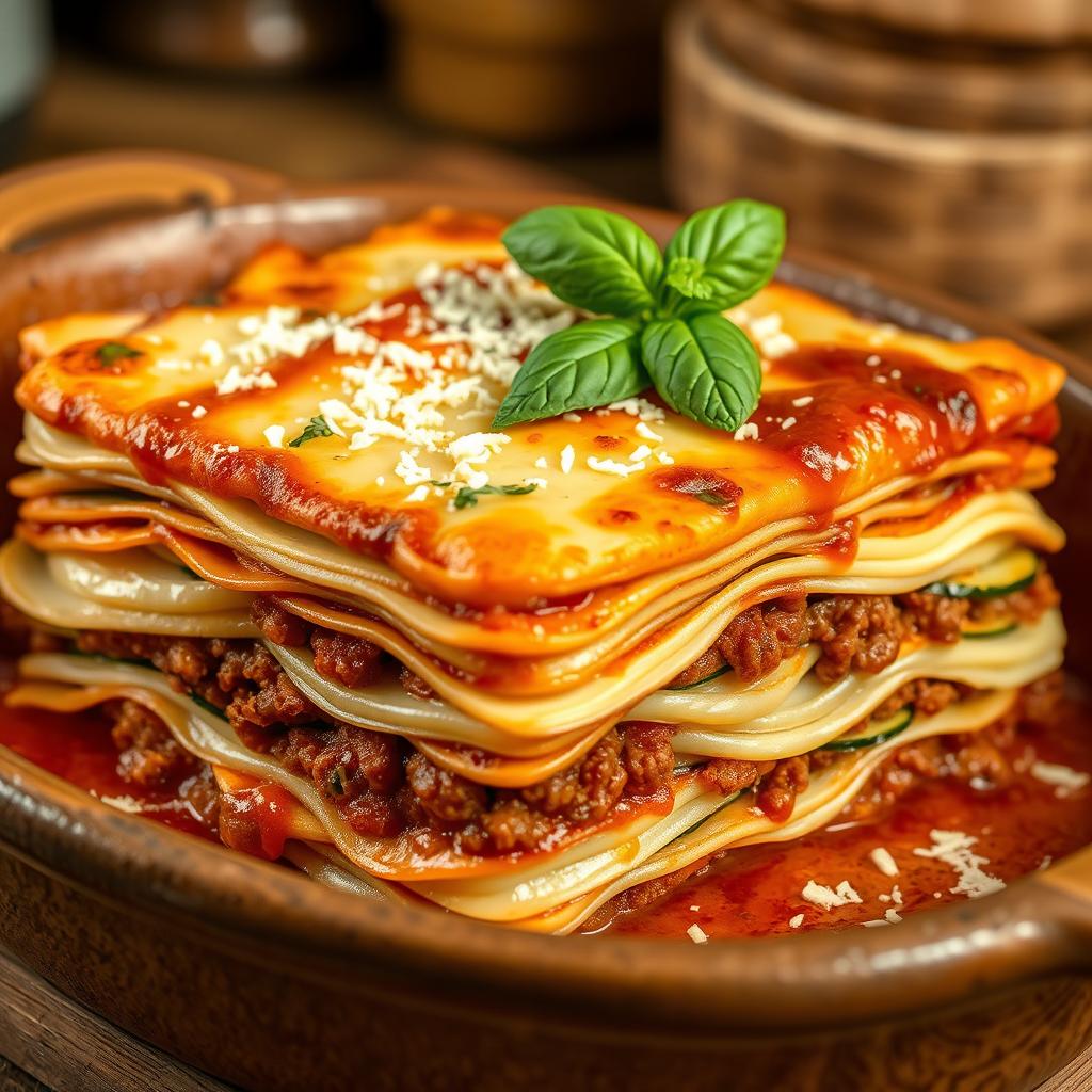 A realistic depiction of a delicious lasagna made with very thin white zucchini slices instead of traditional pasta sheets