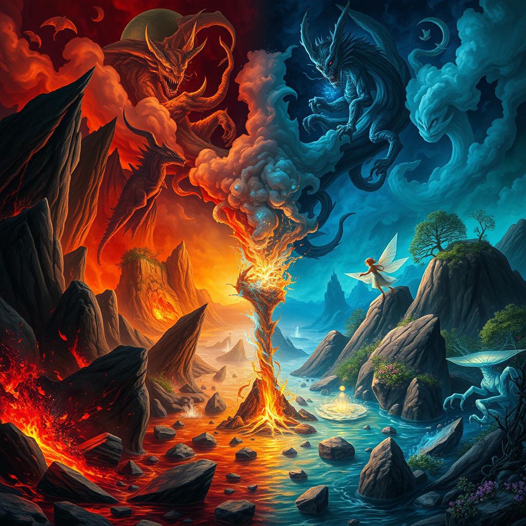 Two underworlds colliding, showcasing mystical landscapes and intriguing creatures from both realms