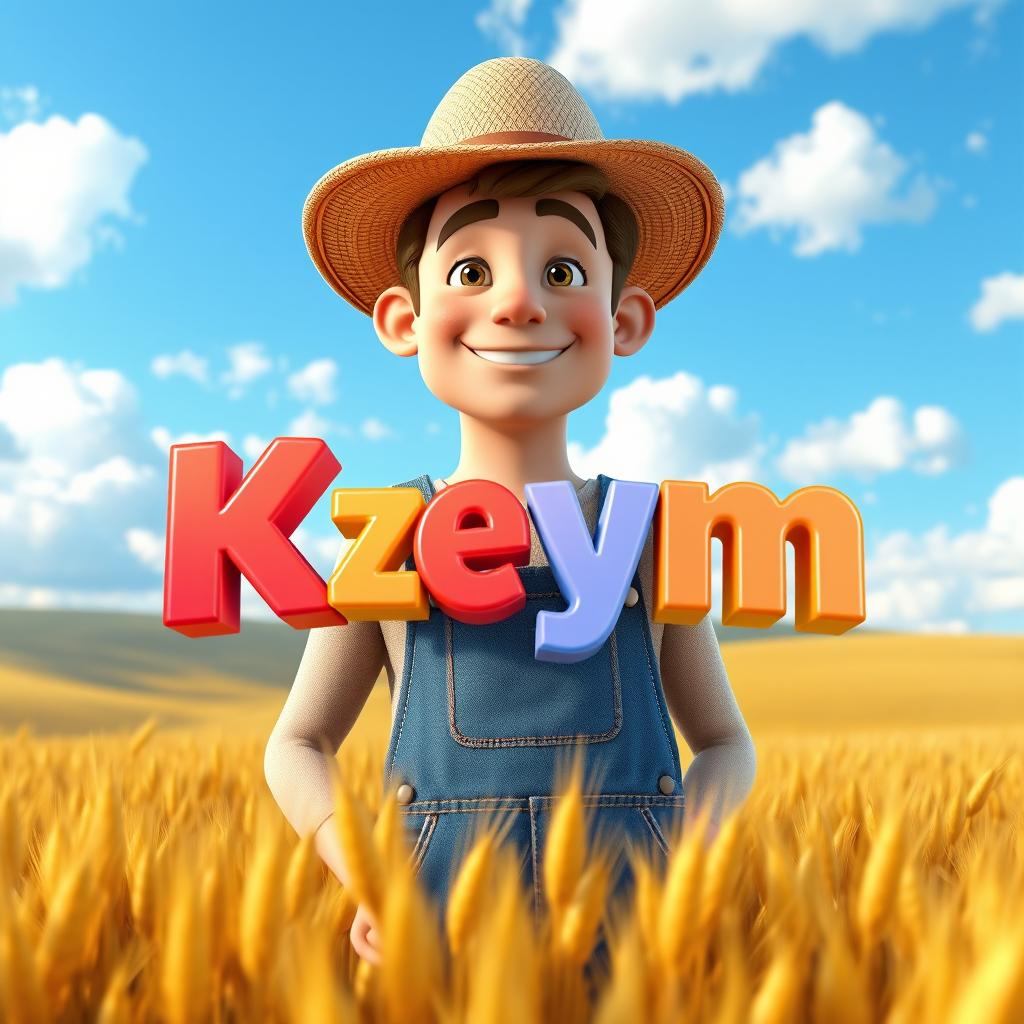 A realistic 3D male character with a friendly expression, wearing a straw hat and denim overalls, designed in a vibrant blend of realism and cartoon style
