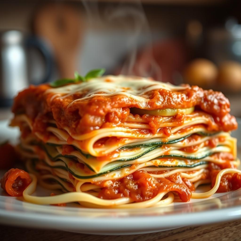 A realistic depiction of lasagna made with very thin white zucchini slices instead of traditional pasta
