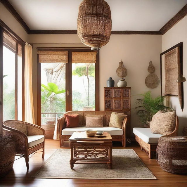 An antique-themed, comfortable living room featuring teakwood decoration and a hanging rattan light fixture.