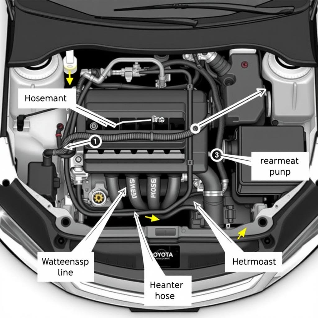 Detailed diagram of the water hose connections for a 2010 Toyota Corolla, showcasing each hose's specific connection point and arrangement within the engine bay