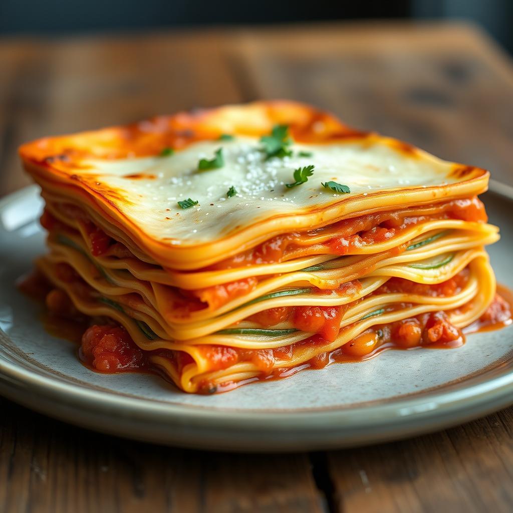 A beautifully arranged lasagna made with thin, delicate white zucchini slices instead of traditional pasta