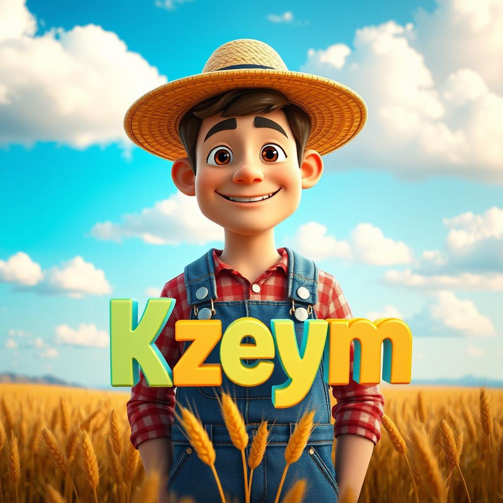 A lifelike 3D male character with a warm and friendly expression, dressed in a straw hat and denim overalls, depicted in a unique blend of realism and cartoon style