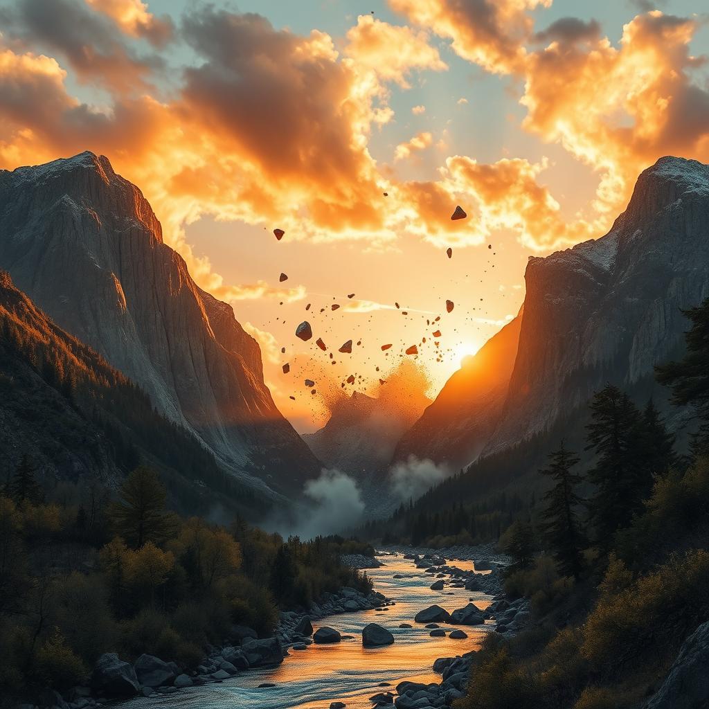 Two majestic mountains colliding together violently, with rocks and debris flying in the air, creating an explosive scene