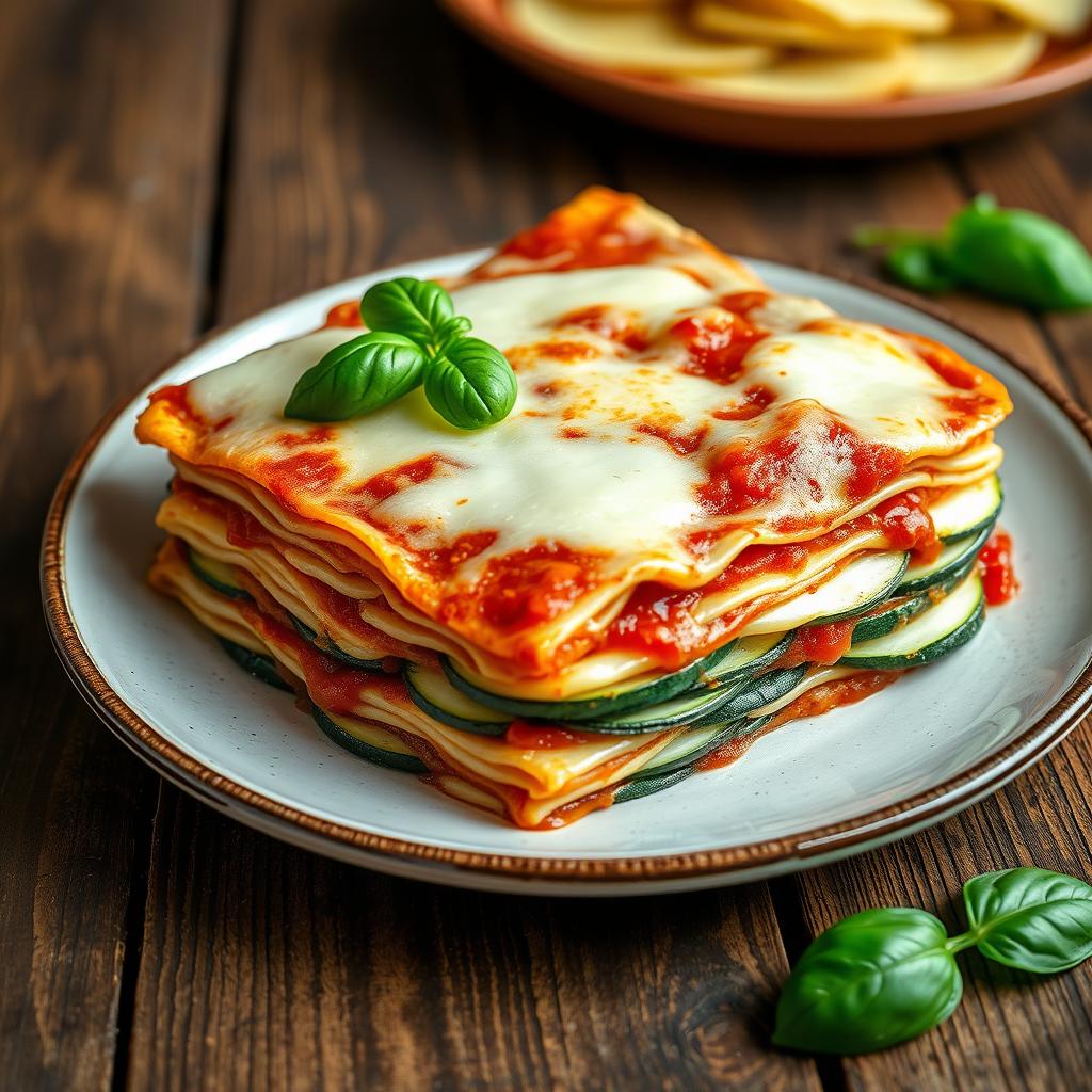 A realistic depiction of a delicious lasagna made with very thin white zucchini slices instead of traditional pasta layers